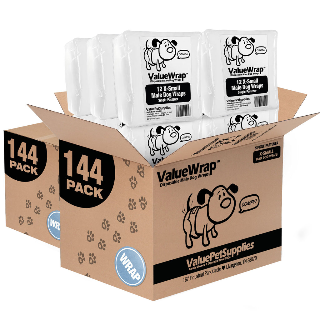 ValueWrap Male Wraps, Disposable Dog Diapers, 1-Tab X-Small, 288 Count BULK PACK - Snag-Free Fastener, Leak Protection, Wetness Indicator 